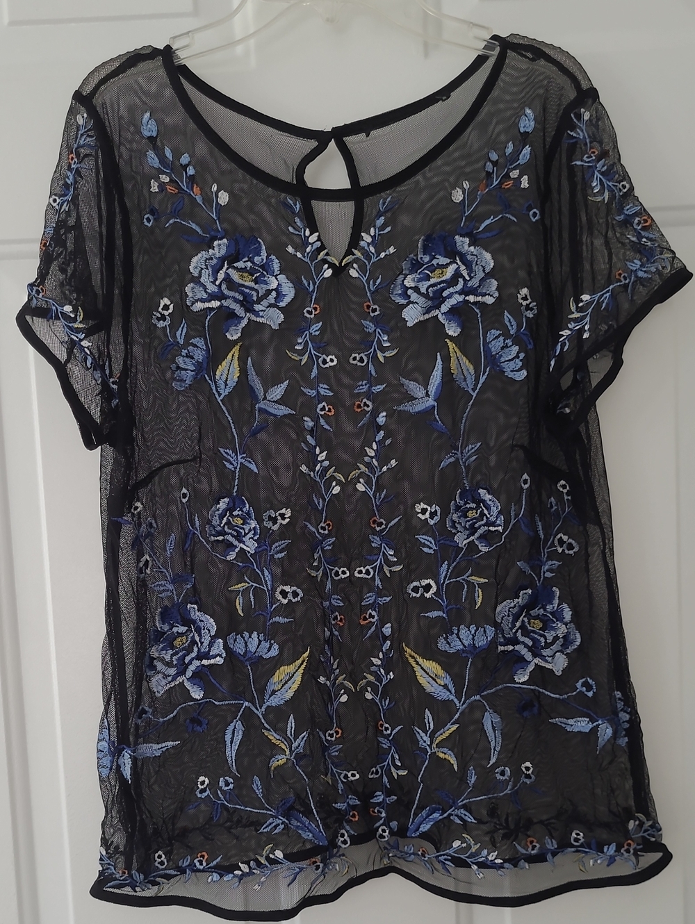 White House Black Market Sheer Black Blouse with Blue Floral Embroidery